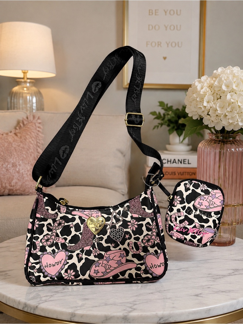 Black & Pink Printed Shoulder Bag with Detachable Pouch